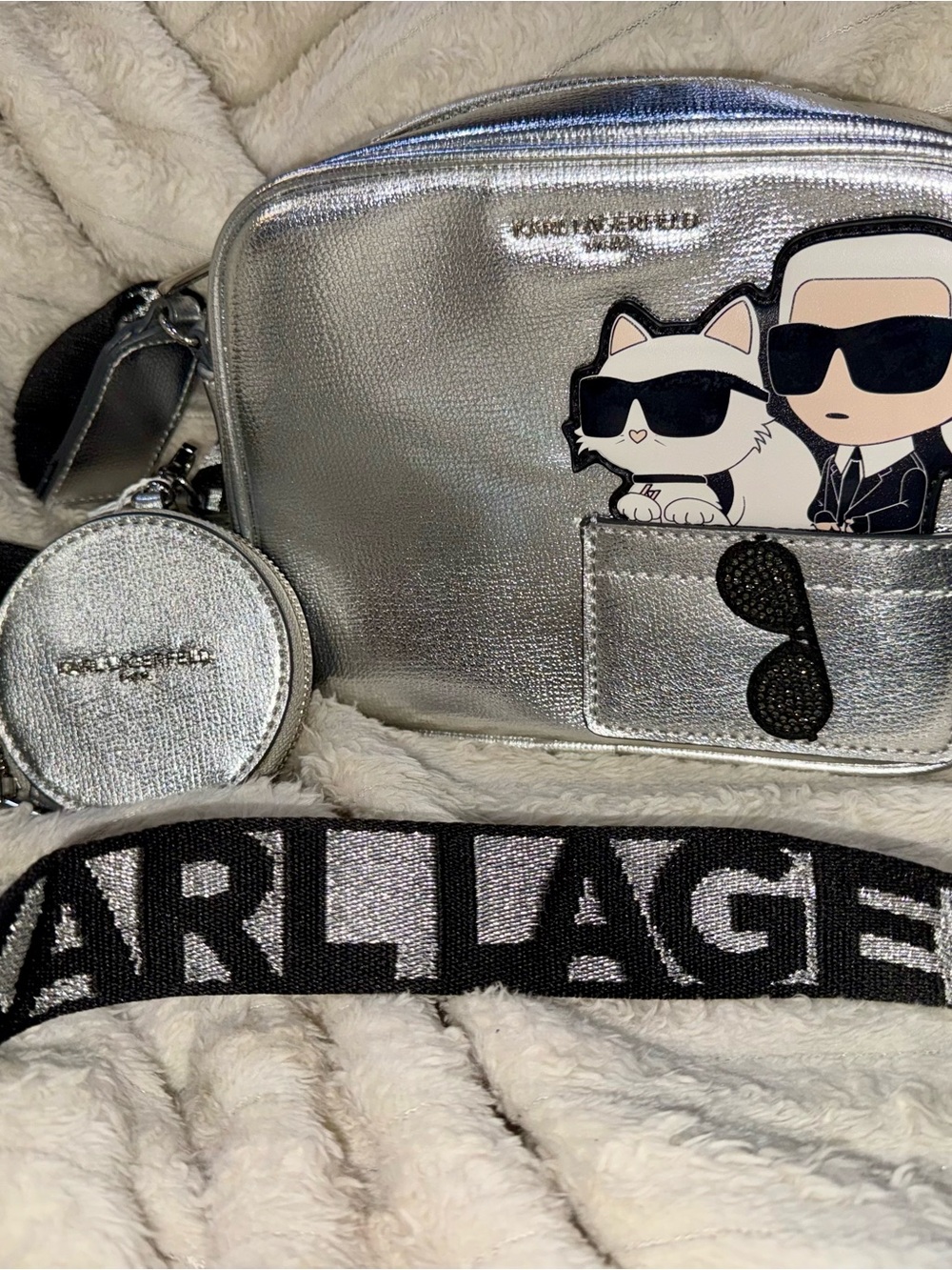Karl Lagerfeld Metallic Silver Crossbody Bag with Cartoon Karl & Choupette